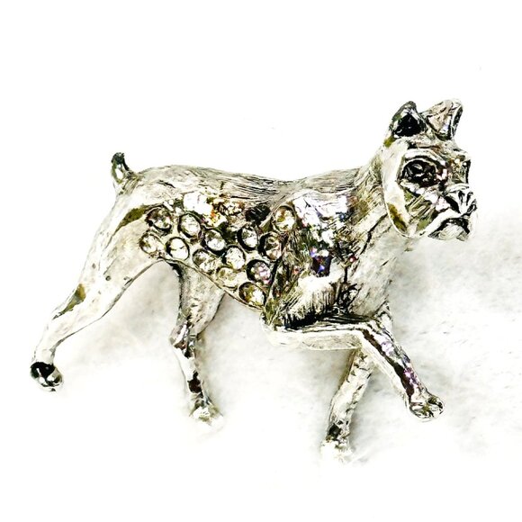 Vintage Silver Tone Boxer Dog Brooch With Rhinestone Accents - Picture 3 of 6